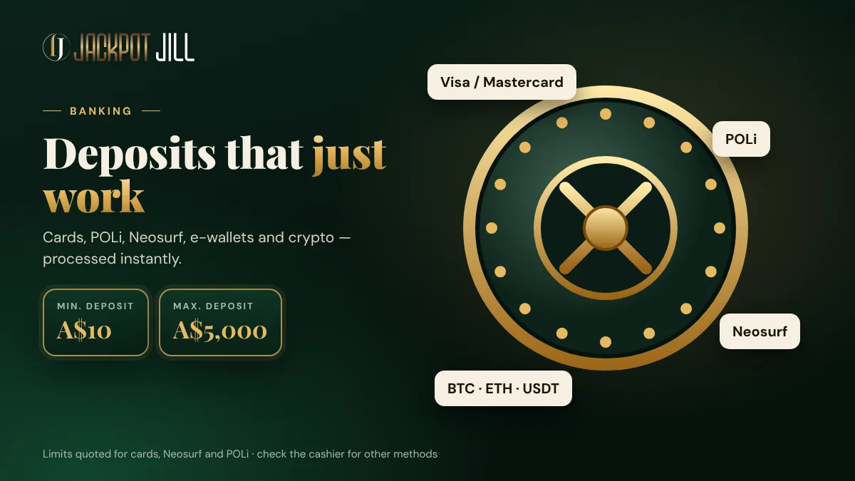 Jackpot Jill banking: Visa, Mastercard, POLi, Neosurf and crypto, deposits from A$10 to A$5,000